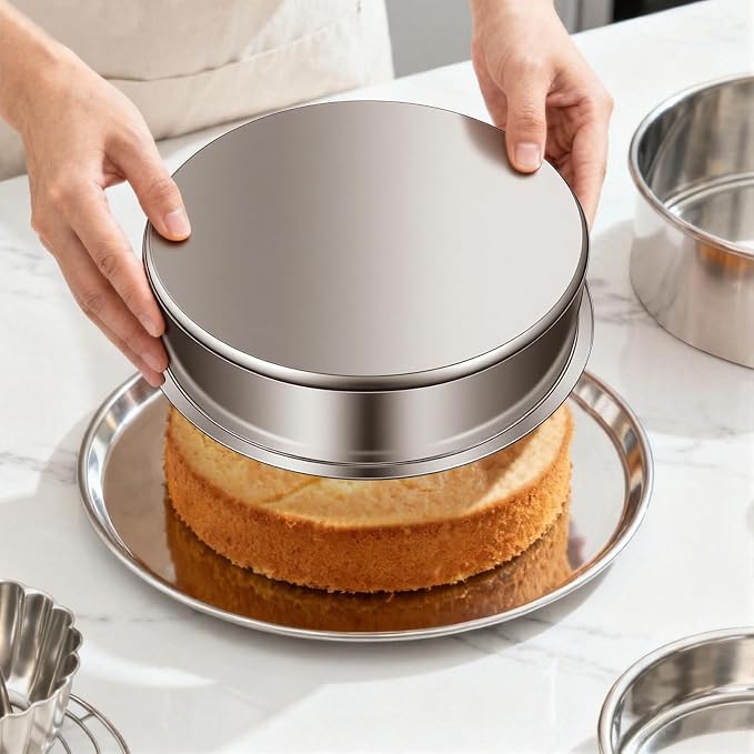 Ohtomber 8 Inch Stainless Steel Layer Cake Pan, Set of 4 | Stackable, Even Heating, Dishwasher Safe & Non-Toxic, Ideal for Birthday, Wedding & Christmas Holiday Baking - Image 3