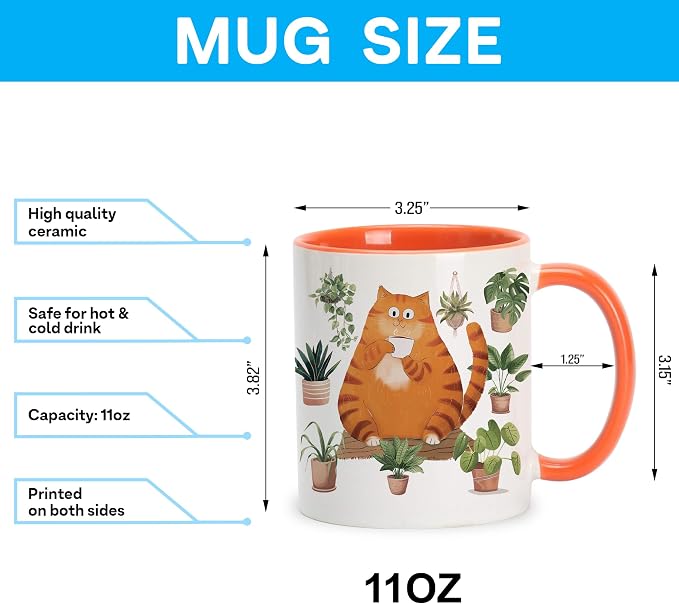 Hyturtle Cute Orange Cat Coffee Mug Gifts For Cat Mom, Plant Decor Gifts | Birthday Christmas Gift for Plant Lovers, Gardeners, Premium 11oz Two Tone Orange Ceramic Tea Cup, Perfect for Daily Drinks - Image 6