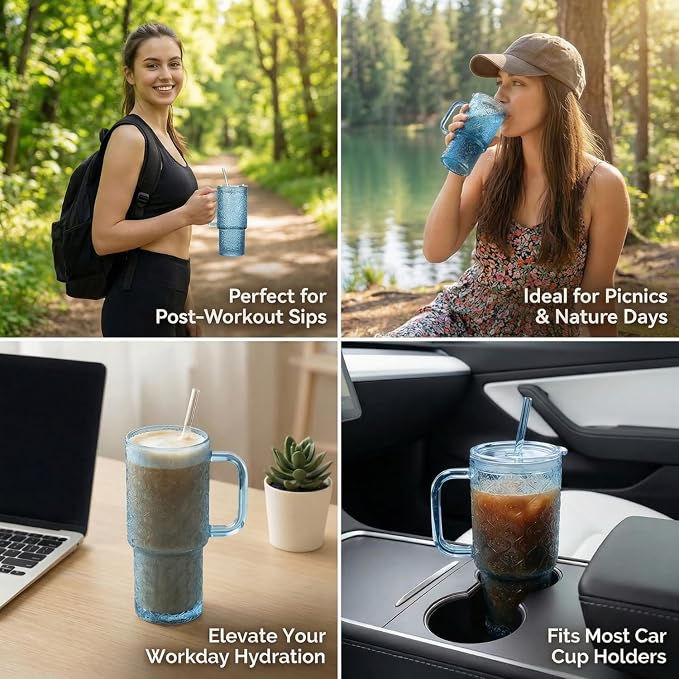 20 oz Blue Glass Tumbler with Lid and Straw, Glass Iced Coffee Cups, Spill-proof Glasses Tumbler with Handle, Hobnail Glasses Drinking Set of 2, Vintage Glassware for Cocktail, Smoothies - Image 5