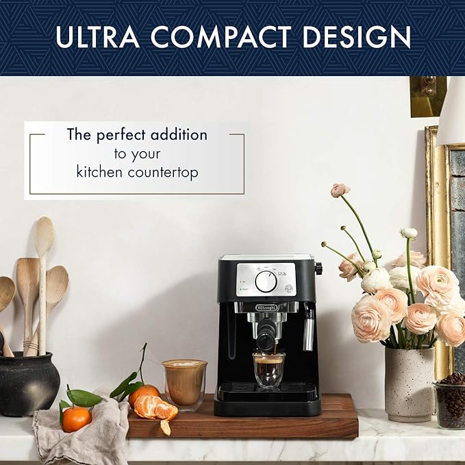 De'Longhi Stilosa Manual Espresso Machine, Compact Coffee Maker, 15 Bar Pump Pressure, Manual Milk Frother Steam Wand for Authentic Single & Double Espresso, Lattes & Cappuccinos, Tamper Included