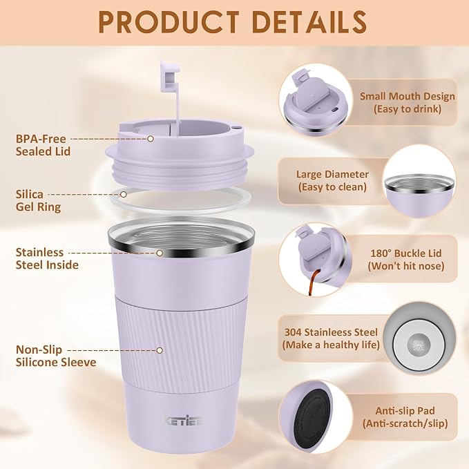 KETIEE Travel Mug 12oz: Insulated Coffee Mug with Leakproof Lid, Travel Coffee Mug Vacuum Stainless Steel Double Walled Reusable Coffee Cup for Hot and Iced Coffee Tea Water (Purple) - Image 3