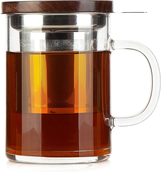 COMI Tea Cup with Infuser Walnut Lid&Handle, Glass Tea Cups with Wide Mouth Extra Large Capacity, Stainless Steel Tea Infuser Mug for Loose Leaf Tea Steeping(14oz/400ml)