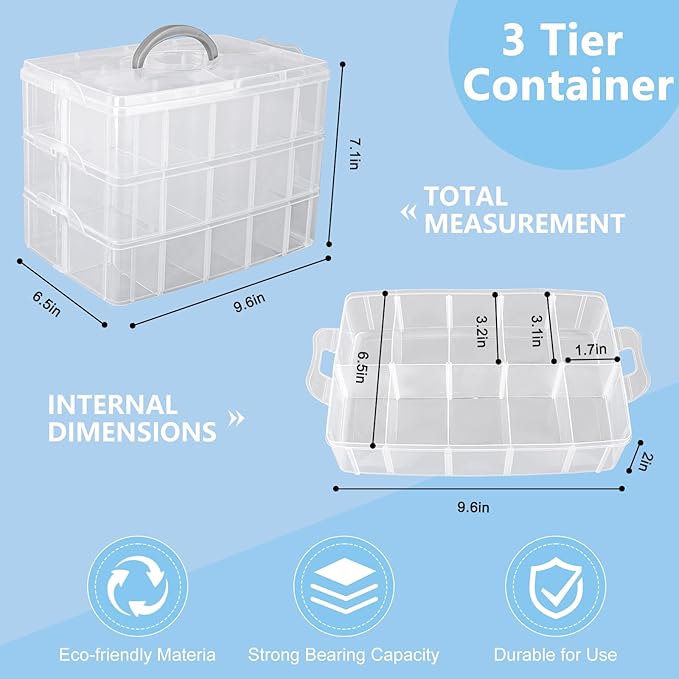 3-Tier Stackable Storage Container Box, Clear Adjustable Empty Plastic Nail Art Organizer Box with Handle & Lids, Fake Nail Organizers with 30 Compartment for Crafts, Art Supply Tool Accessory