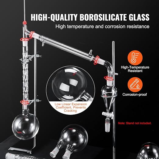 VEVOR Lab Distillation Kit, 3.3 Boro Lab Glassware Distillation Kit with 24, 40 Joint, 1000ml Essential Oil Distillation Apparatus Kit, 32 pcs Set of Glassware Equipment - Image 3