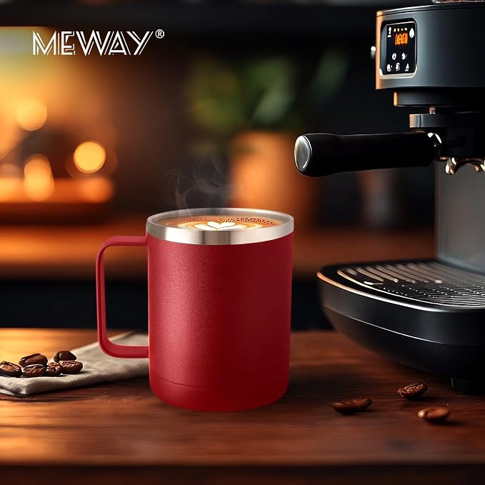 MEWAY 12oz Coffee Mug With Handle 2 Pack Bulk,Stainless Steel Insulated Travel Tumblers With Sliding Lid,Double Wall Vacuum Camping Cup for Hot & Cold Drinks Tea (Red,Set of 2) - Image 8