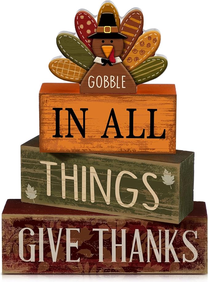 Moucuny 4 Pcs Fall Decorations for Home Wooden Turkey Decor Thanksgiving Tiered Tray Decor Thanksgiving Table Centerpiece Rustic Wooden Gobble Turkey Block Sign for Autumn Harvest Party Kitchen Shelf by Moucuny