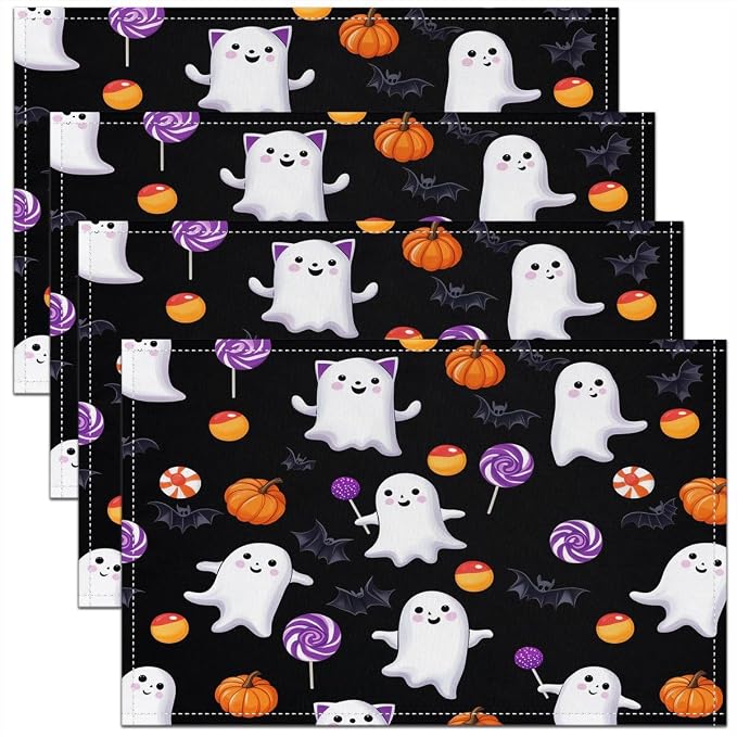 Feelyou Happy Halloween Placemats Set of 4 Cute Ghost Table Mats for Party Kitchen Dining Decoration Black and Orange Place Mat for Table Holiday Decor Indoor Outdoor 18"x12" Pumpkin Lantern by Feelyou
