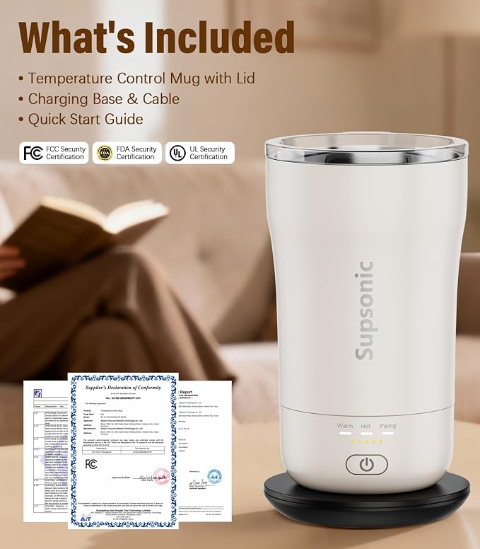Supsonic - 14oz Heated Coffee Mug, Self-Heating Travel Mug with 3-Temp Settings, Insulated Stainless Steel Constant Temperature Heating Mug for Beverage, Smart Heating Portable Coffee Mug | S1 - Image 8