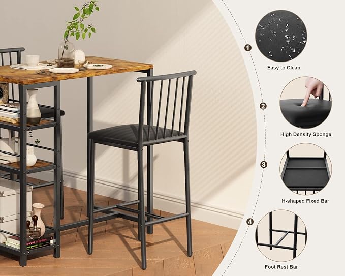 Gizoon 3-Piece Bar Dining Table Set for 2, Kitchen Table w/Shelves Retro | Space-saving retro bar height table set with 3 storage shelves. Includes 2 high-density PU cushion chairs that tuck away. - Image 4