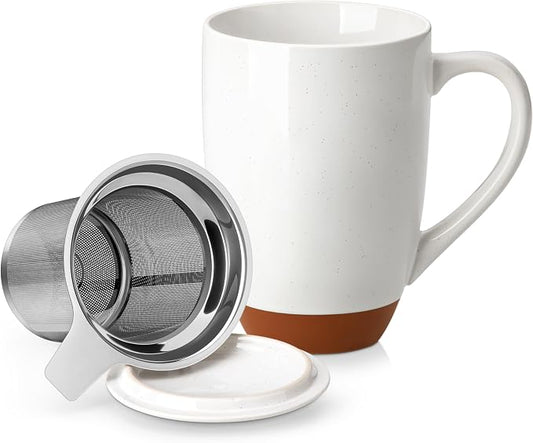 MALACASA Ceramic Tea Mug with Lid and Stainless Steel Infuser, 18 oz Large Tea Cup for Loose Leaf Tea, Heat-Resistant, Microwave & Dishwasher Safe, Speckled Glaze Coffee & Tea Brewer Mug, Khaki White by MALACASA