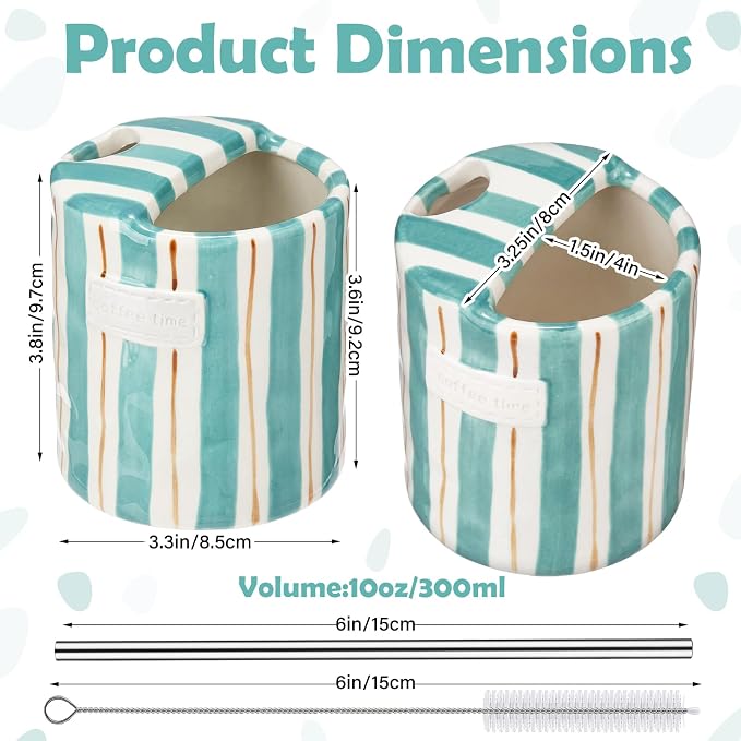 1 Pack Ceramic Coffee Mug with Sip Hole Espresso Cup 10oz with Straws Retro Hand Painted Striped Ceramic Iced Coffee Tea Travel Mug Latte Cup for Kitchen Dining (Simple,Blue and Brown) - Image 3