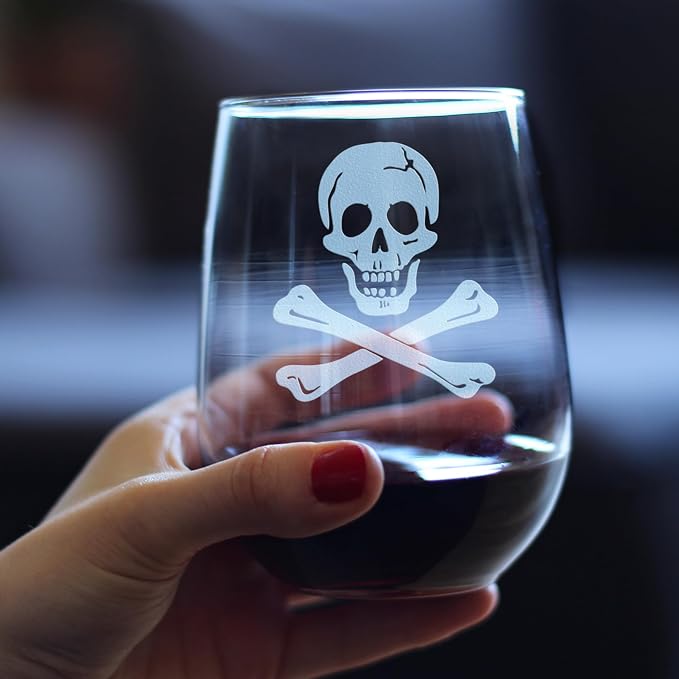 Skull and Crossbones Wine Glass Engraved in Colorado - 17 oz - Set of 2 | Bevvee Gift ideas for pirate enthusiast or sailor who loves skull glassware. Wine glass drinkware for home bars and parties - Image 3