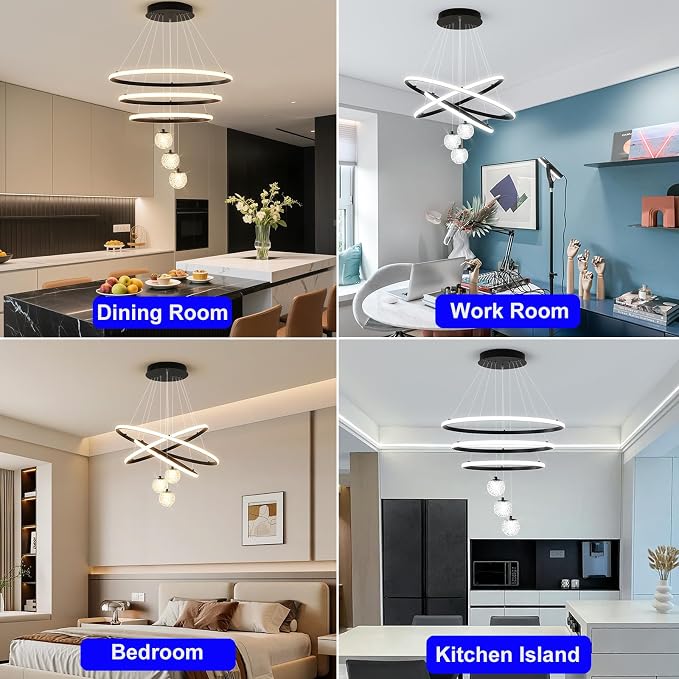 ORANOOR LED Modern 3 Ring Chandelier, 24inch Dimmable Kitchen Pendant Light | Black Dining Room Light Fixtures Ceiling Hanging Over Table, Globe Round Chandeliers for Dining Room Living Room Bedroom - Image 2