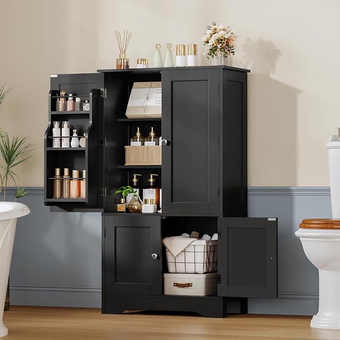TEENFON Storage Cabinet with 4 Doors, Kitchen Cabinet with 6 Door Shelves | Kitchen Pantry Cabinet with Adjustable Shelves, for Living Room, Dining Room, Bathroom, Black - Image 8