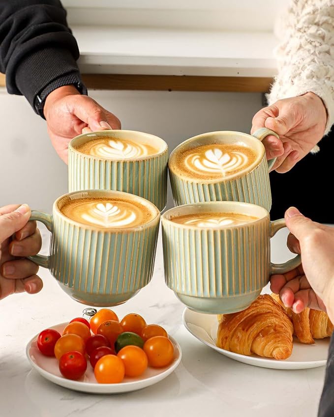 HASENSE Ceramic Coffee Mugs Set of 4 with Rack - 15 oz Stackable Large Porcelain Ribbed Latte Cup Set for Cappuccino, Tea, Hot Cocoa, Drinks - Dishwasher & Microwave Safe, Green Earth - Image 4