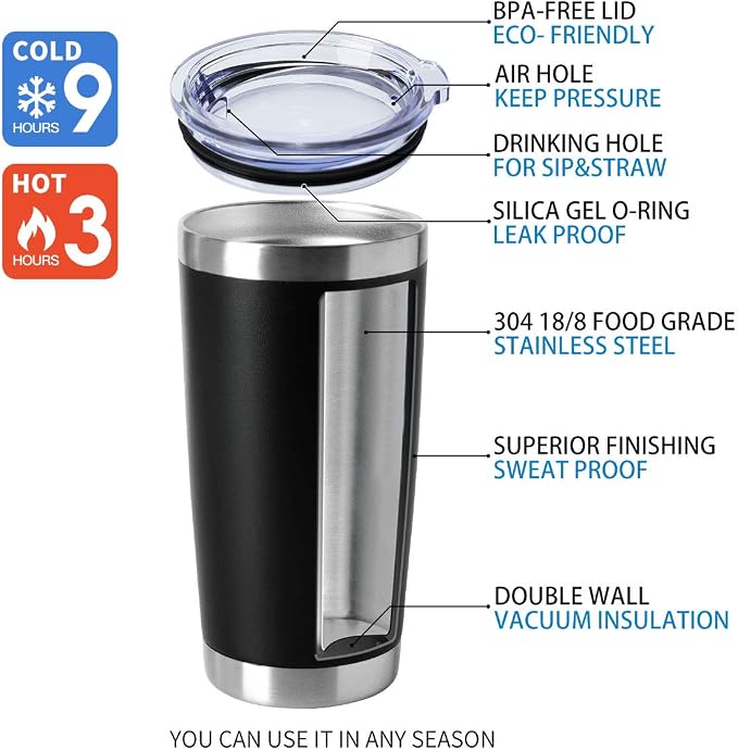 HASLE OUTFITTERS 20oz Tumblers Bulk Stainless Steel Cups with Lid Double Wall Vacuum Insulated Coffee Mugs for Cold & Hot Drinks 1 Pack, Black - Image 4