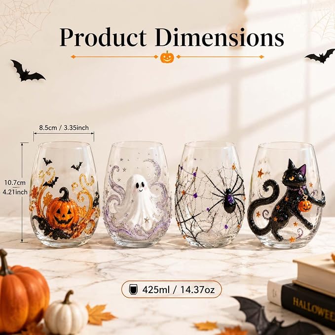 Halloween Ghost Stemless Wine Glass, 3D Raised Pumpkin Black Cat Spider Design Glassware Collection, Novelty Spooky Drinking Glasses for Cocktails, Halloween Party Decor Home Bar Gift，Spider version - Image 2