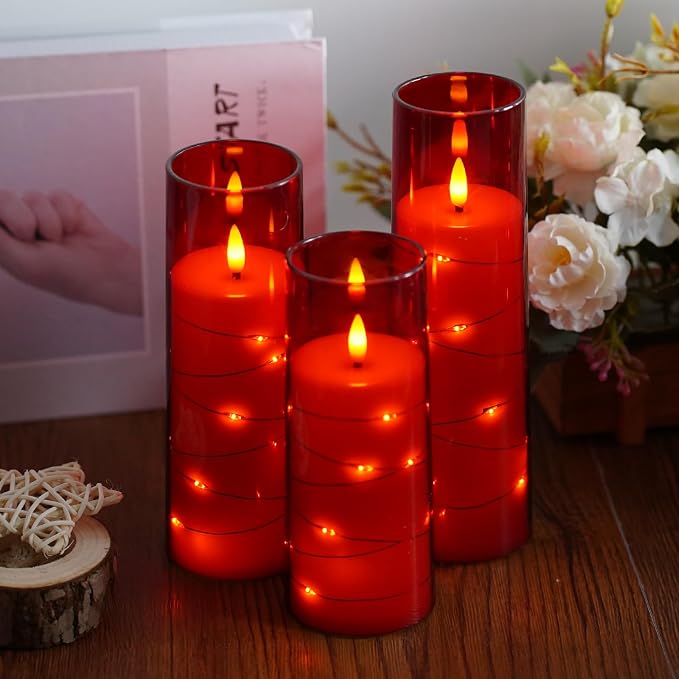 Flameless Candles,with Embedded Star String, Battery Operated Candles Flickering LED Pillar Candles with Remote Control and Timer, Home Decoration Add a Warm and Romantic Atmosphere，Set of 7 (Red) - Image 2