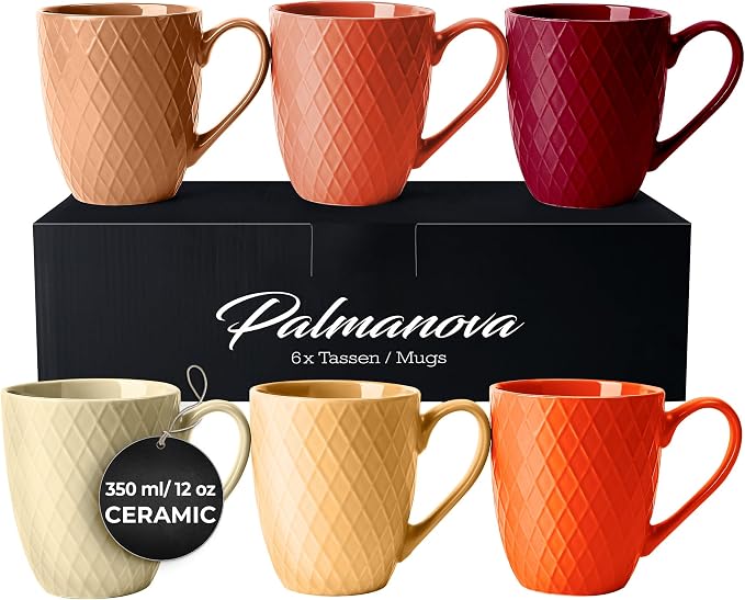 MIAMIO - Coffee Mugs Set of 6 (12 oz) - Palmanova Collection (Red) | Modern matte ceramic mug, Large Coffee Mugs - Microwave & Dishwasher safe by MIAMIO