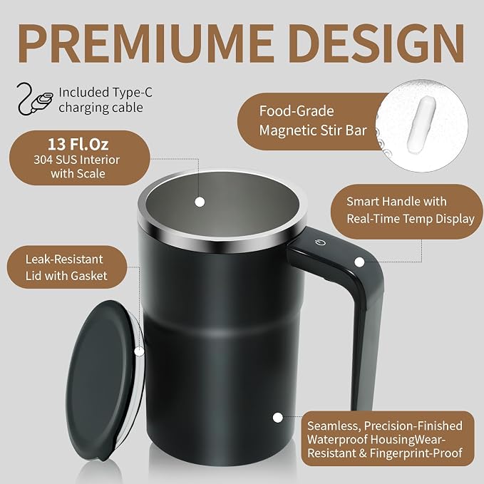 Self Stirring Coffee Mug 13 oz, Auto Mixing Cup with Lid and Touch Handle, Perfect Gifts For Man and Women, Valentine’s Day Gift for Her (black) - Image 3