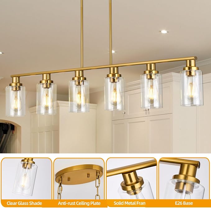 Kitchen Island Lighting, 6-Light Modern Dining Room Light Fixture Over Table,44.3'' Vintage Farmhouse Gold Linear Chandelier, Industrial Pendant Lights for Kitchen Island with Clear Glass Shade - Image 4