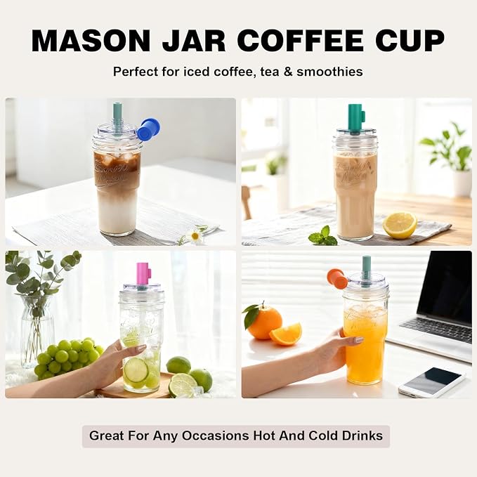 ANOTION Bamboo Mason 24oz Glass Tumbler with Straw Leakproof Lid, Cap Cup Mason Jar 4 Color Caps, Self-Assembly Leak-Proof Lid Straw, Reusable Iced Coffee Cup, Mason Jar Drinking Glass Coffee Gifts - Image 6