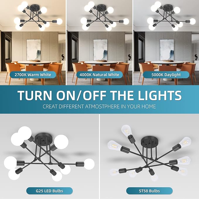 CANMEIJIA Sputnik Light Fixture, 8-Lights Black Sputnik Chandelier, Modern Ceiling Lights, Semi Flush Mount Ceiling Lights Fixture for Bedroom, Dining Room, Kitchen, E26 Base, Bulbs Not Included - Image 4