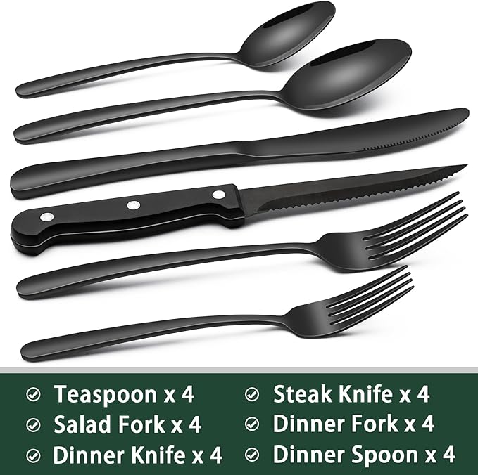EWFEN 24-Piece Black Silverware Set with Steak Knives, Black Flatware Set for 4, Food-Grade Stainless Steel Tableware Cutlery Set, Mirror Finished Utensil Sets for Home Restaurant, Heavy Duty - Image 2
