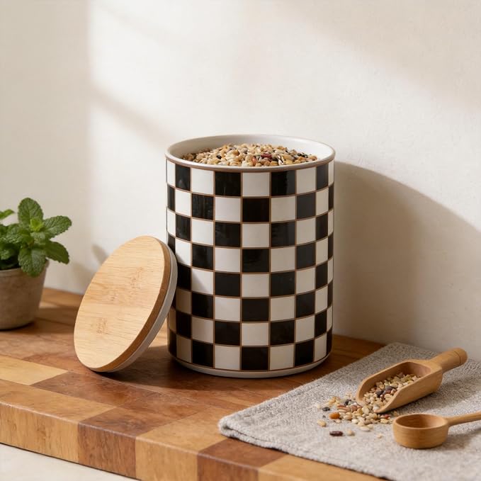Kitchen Countertop Ceramic Checkered Canisters,Black And White Food Storage Containers With Lid,Airtight Kitchen Canisters for Flour, Sugar, Coffee, Tea, and Dry Goods (Black, XL) - Image 3
