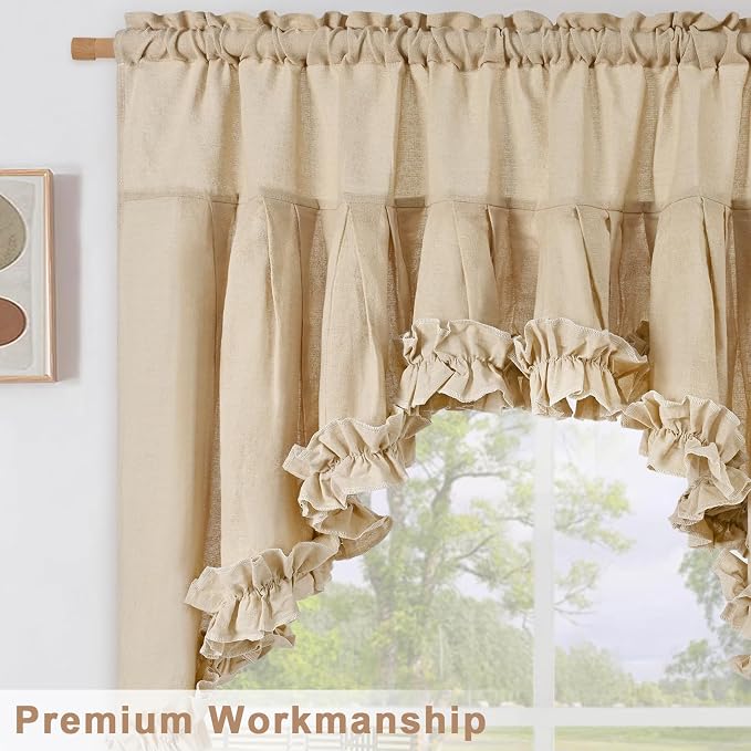 Likiyol Linen Valances for Windows Farmhouse Ruffle Swag Valance Rustic Country Window Valances Light Filtering Kitchen Curtains Rod Pocket Valance Curtains for Bathroom Cafe, Linen, 60" W x 36" L - Image 5