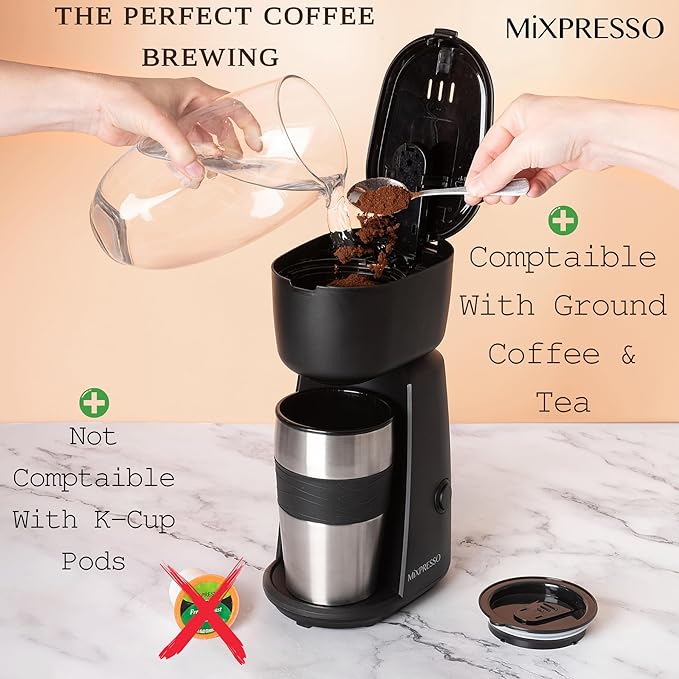 Mixpresso Single Serve & Single Cup Coffee Maker with 14oz Travel Mug Black | For ground coffee only, reusable filter, auto shut off. Compact personal drip coffee maker, not compatible with K-Cup pods. - Image 4