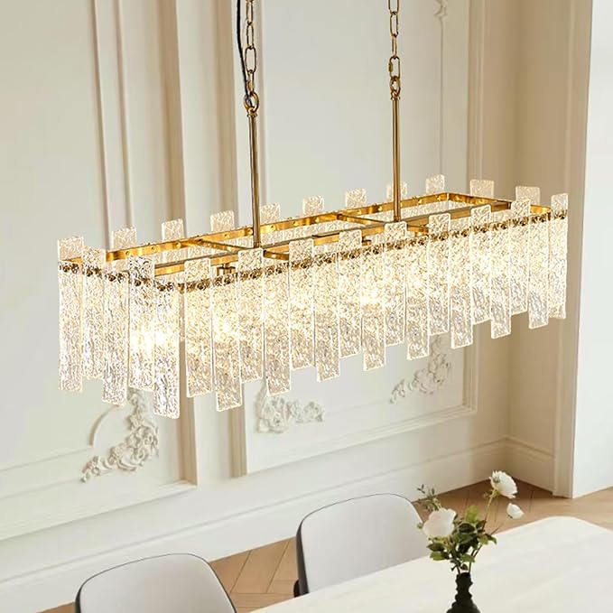 L39 inch Gold Rectangle Crystal Chandelier, Modern Rectangular Water Ripple Glass Dining Room Chandeliers Light Fixture, 6-Lights Hanging Pendant Light for Kitchen Island, Living Room by HSMKL