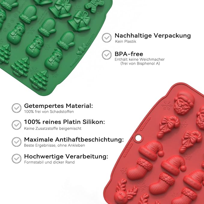 2 Pcs Christmas Silicone Molds for Chocolate,3D Christmas Tree Candy Silicone Mold 60 Cavity Small Baking Molds for Claus Elk Snowman Santa Bells Gloves Socks Shape Silicon Molds
