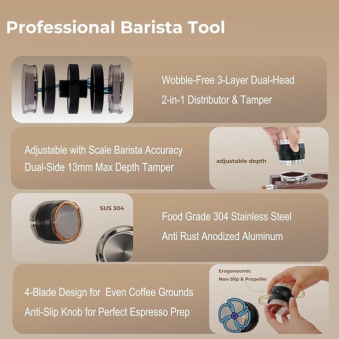 58mm Coffee Distributor & Tamper - Dual Head Adjustable Depth for Breville Barista Pro/Express/Touch - 304 Stainless Steel Coffee Leveler and Hand Tamper, Black