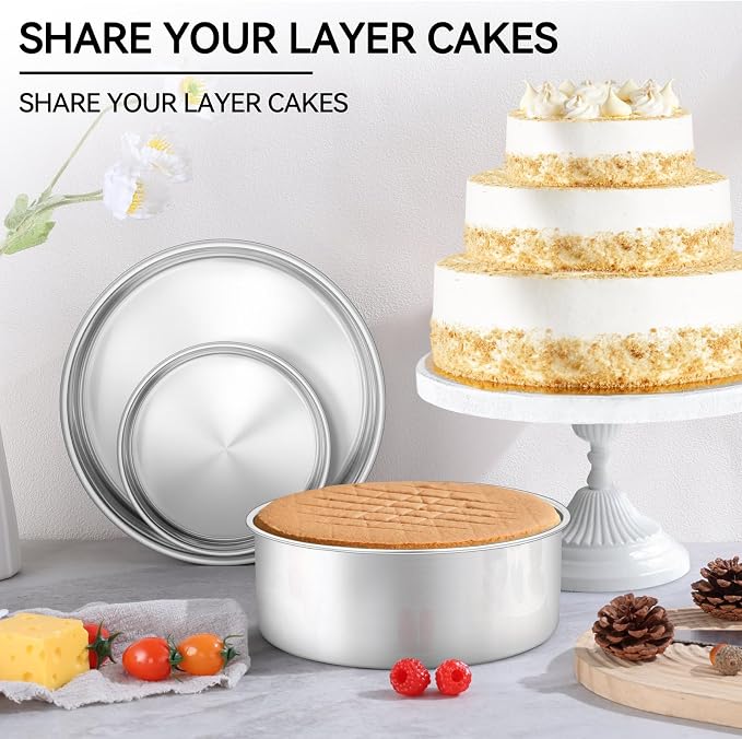 Leonyo Tall Round Cake Pans, 6’’- 8’’- 9½’’ Cake Pan Set for 3, Stainless Steel Round Layer Baking Tier Cake Pans Set, 3-Tiered Cake Tins for Birthday Wedding, Non Toxic & Healthy, Dishwasher Safe - Image 5