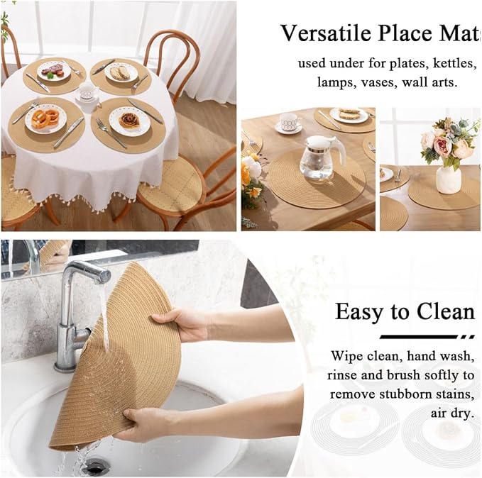 SHACOS 15 inch Round Braided Placemats Set of 6 Cotton Polyester Heat Resistant Round Table Mats Washable Place Mats for Dinner Party Table Decoration (Camel, 6) - Image 6