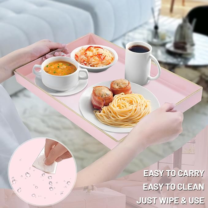 MAONAME Pink Serving Tray with Handles, Plastic Decorative Tray Set of 2 | Pink Decorative Tray for Coffee Table, Modern Ottoman Tray, Rectangle Melamine Tray for Living Room, 15.8"L x 10.2"W x 1.4"H - Image 4