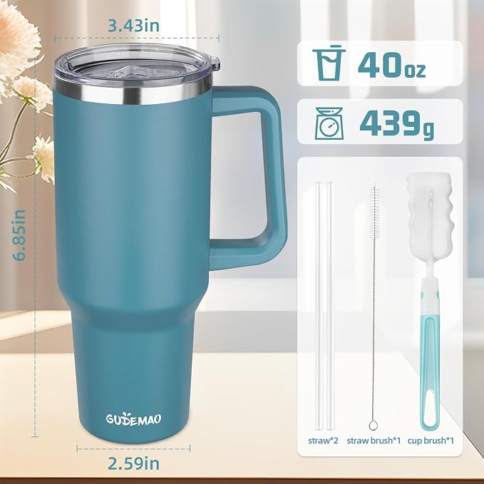 40 oz Insulated Coffee Mug with Ceramic Coating, Stainless Steel Travel Coffee Tumbler with Handle Lid and Straw, Double Wall Leak-Proof Coffee Travel Mug Keeps Drink Hot and Cold (Lake Green) - Image 2
