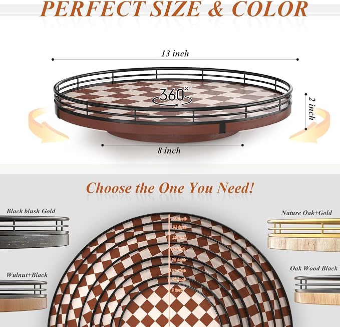 AMH 13-Inch Brown White Checkerboard Lazy Susan with Black Metal Rail | Smooth rotating oak tray with walnut finish for dining tables, kitchen counters, pantries and cabinet storage. - Image 6