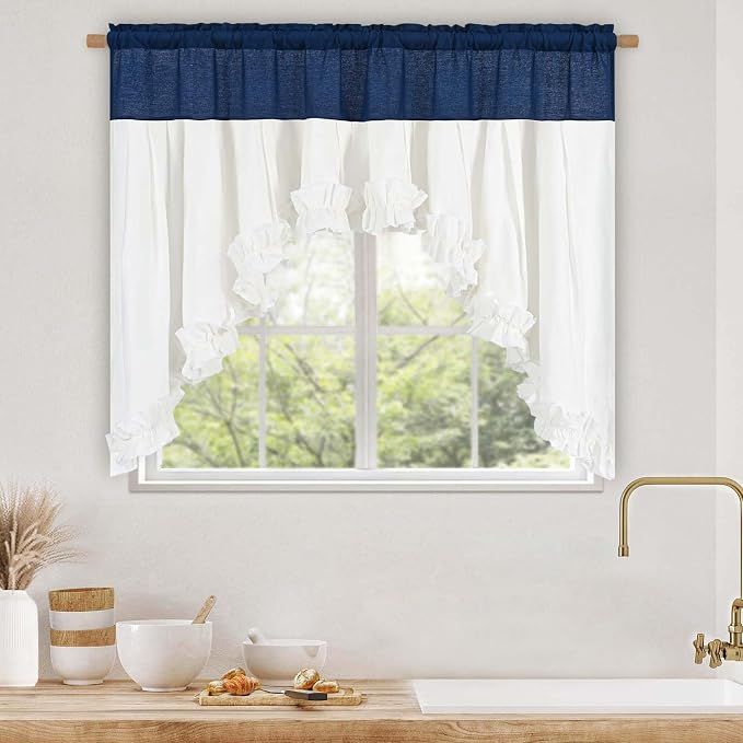 Likiyol Linen Valances for Windows Farmhouse Ruffle Swag Valance Rustic Country Window Valances Light Filtering Kitchen Curtains Rod Pocket Valance Curtains for Bathroom, Navy Blue White, 60"W x 36"L - Image 9