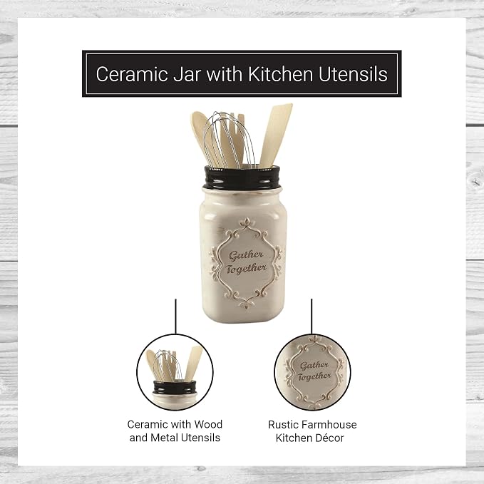 Young's Inc Farmhouse Ceramic Kitchen Tool Holder with Wooden Utensils, Decorative Gather Together Mason Jar Organizer for Kitchen Tools,10.5" - Image 3
