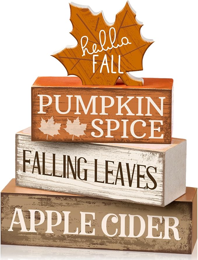 Moucuny 4 Pcs Fall Decor Wooden Maple Leaf Decoration Thanksgiving Tiered Tray Decor Rustic Wooden Maple Leaf Block Sign Thanksgiving Table Centerpiece Farmhouse for Autumn Harvest Party Home Kitchen by Moucuny
