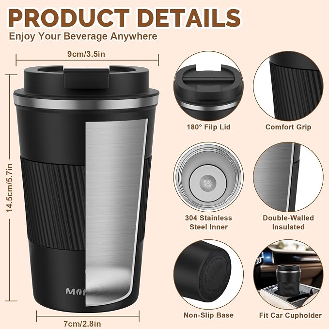 MOMSIV 12oz Travel Coffee Mug, Insulated Coffee Cup with Leakproof Lid | 6-Hour Heat Retention, 360°Leak proof, Vacuum Stainless Steel Double Walled, BPA-free, Reusable And To Go Coffee Mug - Image 2