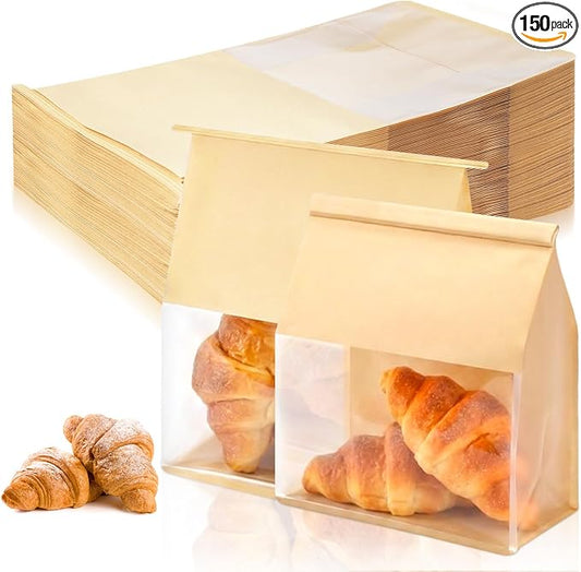 150 Pack Kraft Paper Bakery Bags with Window, 4.3x8.7x11 Inches Tin Tie Tab Lock Resealable Bread Bags for Homemade Bread, Loaf, Pastry, and Food Storage by VZZNN