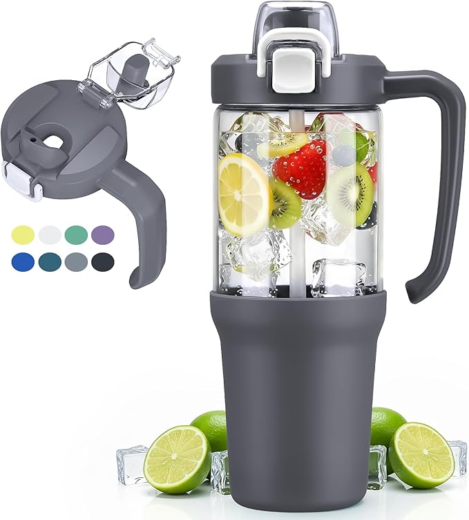 32 oz Glass Tumbler with Handle, 2-in-1 Straw and Sip Spout, Leakproof, BPA-Free Glass Water Bottle for Sports, Office, School, Grey
