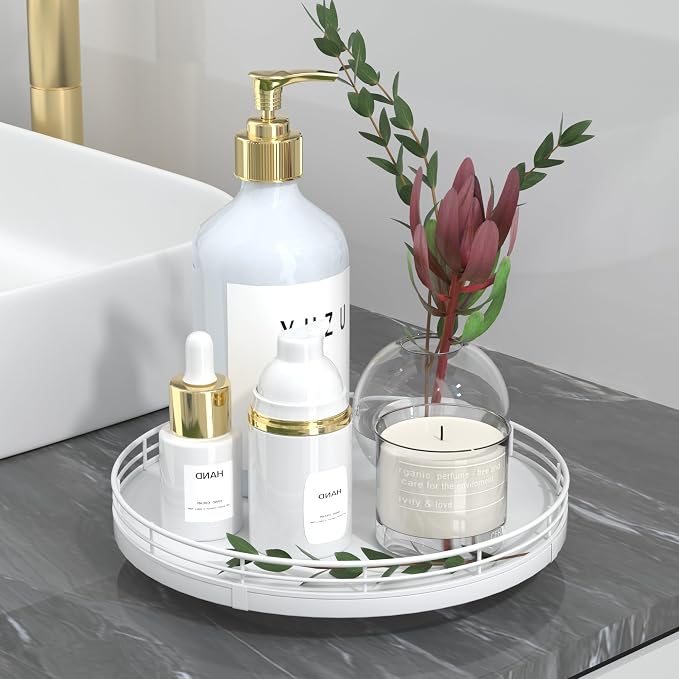Oroyutor 9-Inch Oak Lazy Susan Vanity Tray, White Finish | Rotating oak tray organizes spices, toiletries and decor on kitchen counters, bathroom vanities, dining and coffee tables. by Oroyutor