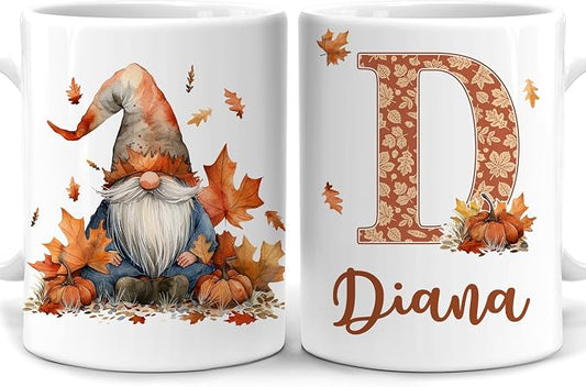 Hyturtle Personalized Fall Gnome Coffee Mug - Gnomes Gifts For Women | Fall Autumn Decor Gifts For Farmhouse Thanksgiving, Gnomes Gift Ideas on Birthday Custom Name 11oz White Ceramic Tea Mug by Hyturtle