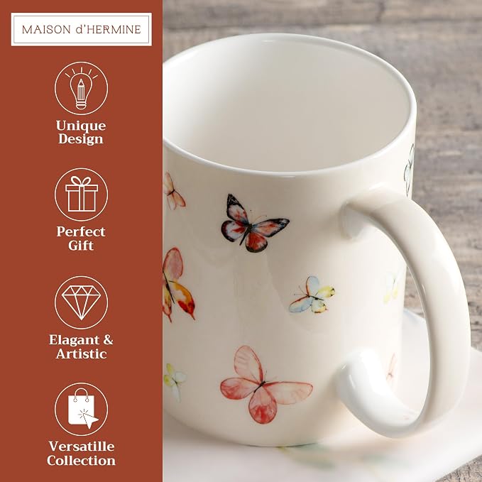 Maison d' Hermine Coffee Mug with Handles Tea Cups (15 Ounce, Pack of 1) | Fine Bone China Coffee Mugs for Hot Beverages Cappuccino Latte Home Restaurant Spring Summer -Botanical Fresh - Butterflies - Image 2