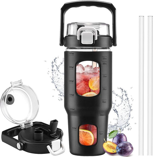 BLUEGO 32oz Glass Tumbler with Lid and Handle, Iced Coffee Cup with Straws, Glass Water Bottle with Silicone Sleeve and Volume, Marker Glass Cup with Time Marking, BPA Free, Black