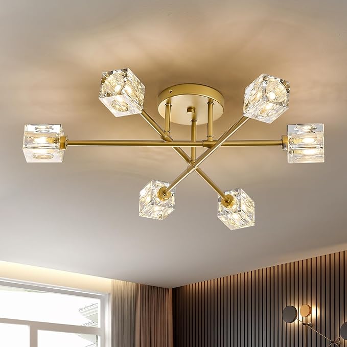Modern Crystal Semi Flush Mount Ceiling Light Gold Sputnik Chandeliers 6 Lights Industrial 26" Chandelier for Foyer Entryway Kitchen Bedroom Living Room Dining Room by PoemoonLighting